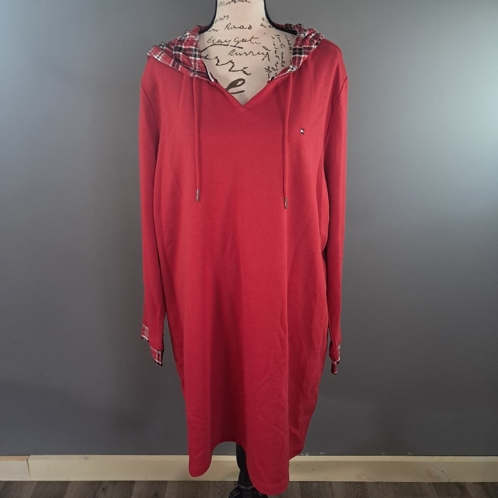 Tommy Hilfiger Women's Red Plaid Hood Hoodie Sweater Dress Size XXL